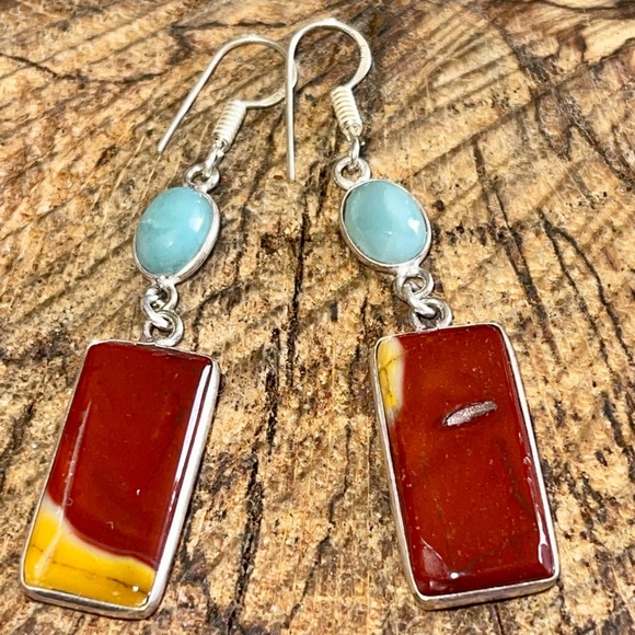 Mookaite & Caribbean Larimar Earrings 2 1/2” - Picture 6 of 10